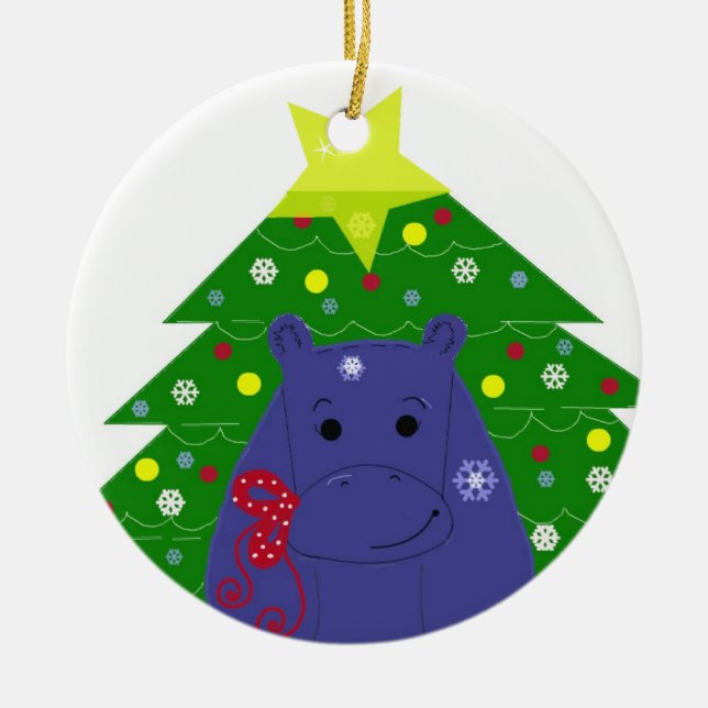 Ornement Rond En Céramique Hippo avec arbre de Noël (Devant)