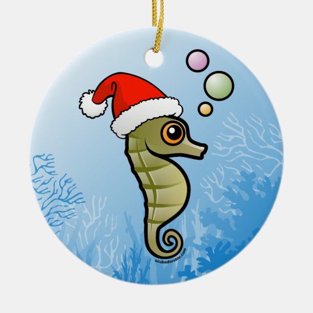 Ornement Rond En Céramique Hippocampe nain Père Noël (Devant)