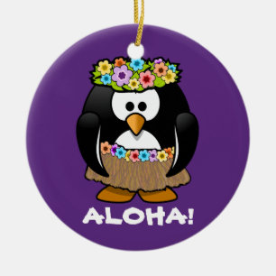 Ornement Rond En Céramique Hula Hawaiian Penguin