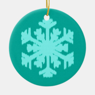 Ornement Rond En Céramique Ikat Flocon de Neige - Turquoise et aqua