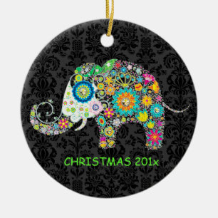 Ornement Rond En Céramique Illustration colorée de l'éléphant floral rétro