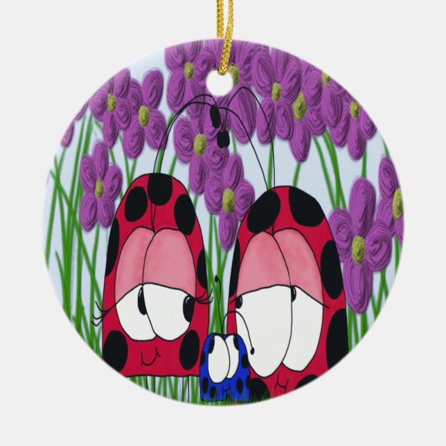 Ornement Rond En Céramique Illustration de la famille Ladybug mignonne (Devant)