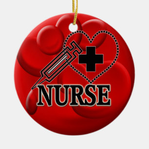 ORNEMENT ROND EN CÉRAMIQUE INFIRMIÈRE CELLULES SANGUINES SYRINGE HEART LOGO