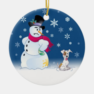 Ornement Rond En Céramique Jack Russell Terrier et bonhomme de neige