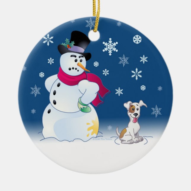 Ornement Rond En Céramique Jack Russell Terrier et bonhomme de neige (Devant)