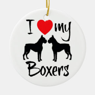 Ornement Rond En Céramique J'Aime Mes Deux Chiens De Boxer