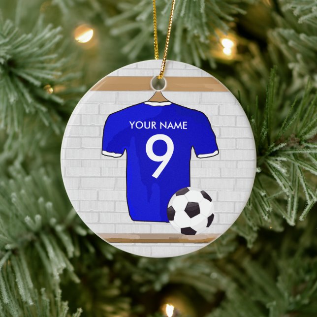 Ornement Rond En Céramique Jersey de football bleu blanc personnalisé (Arbre)