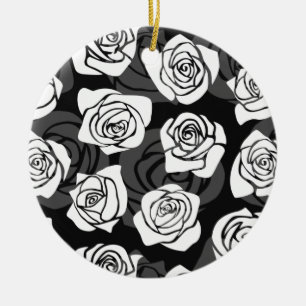 Ornement Rond En Céramique Jolies roses Vintages en noir et blanc