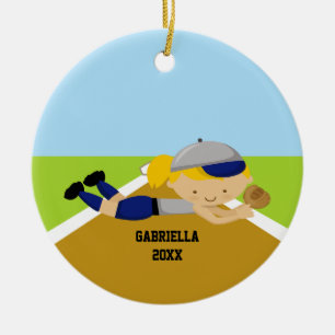 Ornement Rond En Céramique Joueur de base-ball mignon en ornement bleu et