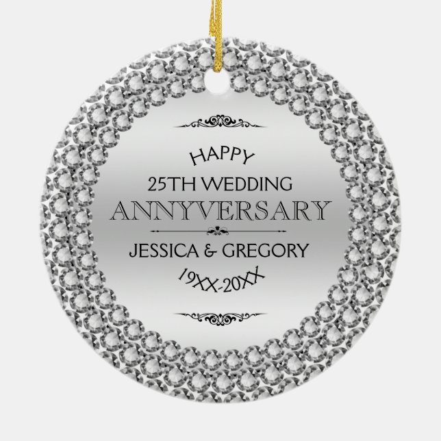 Ornement Rond En Céramique Joyeux 25e anniversaire Mariage Diamants et Argent (Dos)