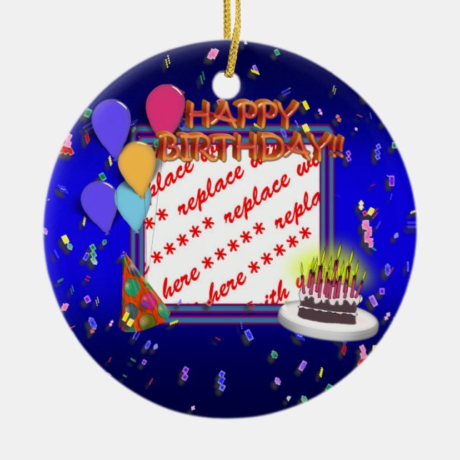 Ornement Rond En Céramique Joyeux Anniversaire Avec Cadre Photo Confetti (Devant)