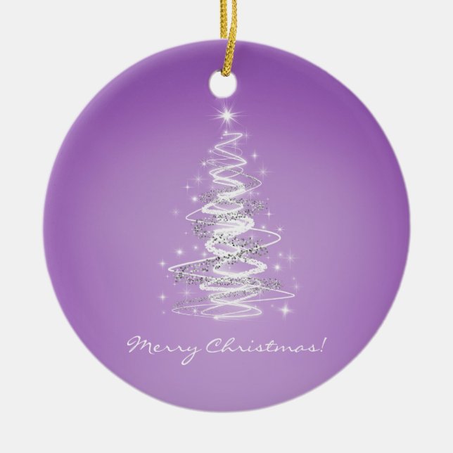 Ornement Rond En Céramique Joyeux Noël avec l'arbre dans le pourpre (Devant)