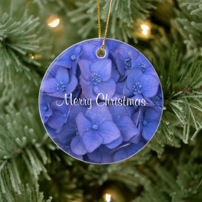 Ornement Rond En Céramique Joyeux Noël Blue Hydrangea (Arbre)