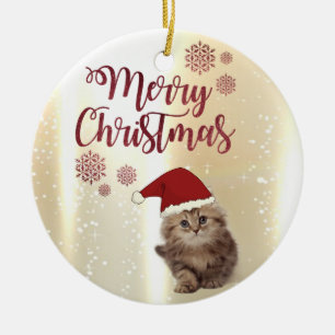 Ornement Rond En Céramique Joyeux Noël,Chat avec chapeau de Père Noël