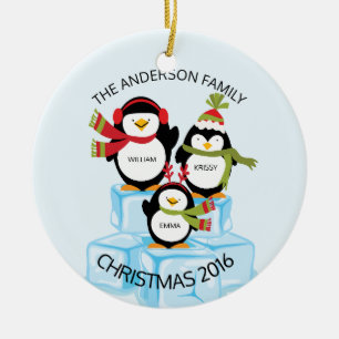 Ornement Rond En Céramique Joyeux Noël Famille Personnalisée De 3 Pingouins