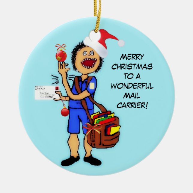 Ornement Rond En Céramique Joyeux transporteur de courrier de Noël (Devant)