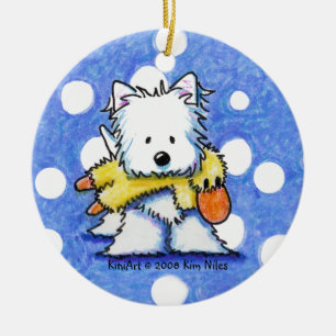 Ornement Rond En Céramique KiniArt Westie & Duck Toy Ornament
