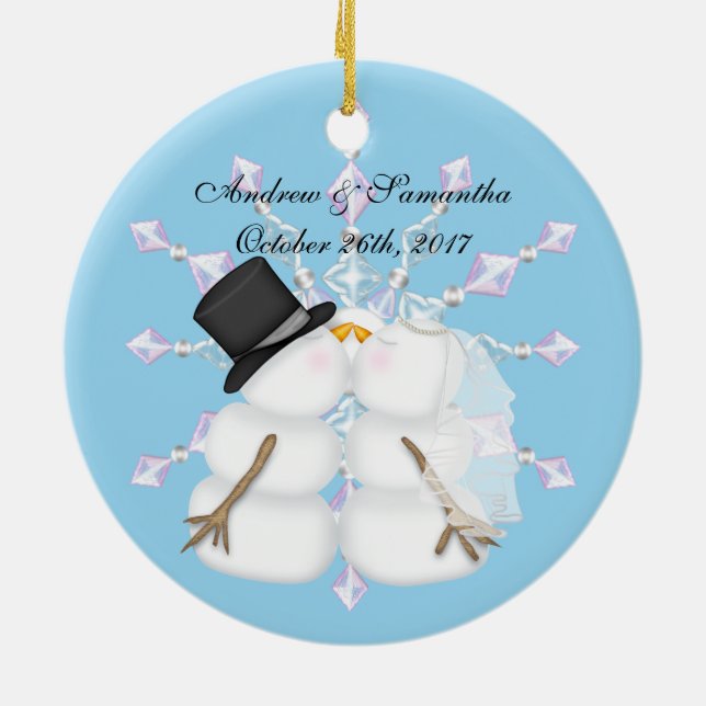 Ornement Rond En Céramique Kissing Snowmen Marié Notre Premier Noël (Dos)