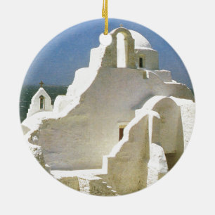 Ornement Rond En Céramique La Grèce vintage, Myconos, église orthodoxe