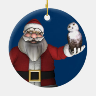 Ornement Rond En Céramique Le Père Noël aime la Chouette des neiges