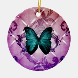 Ornement Rond En Céramique Le pourpre magenta tourbillonne papillon turquoise