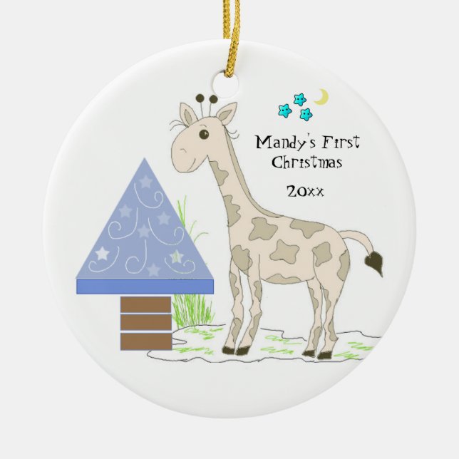 Ornement Rond En Céramique Le premier Noël du bébé girafe (Devant)