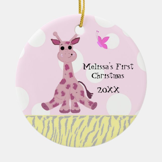 Ornement Rond En Céramique Le premier Noël du bébé girafe (Devant)