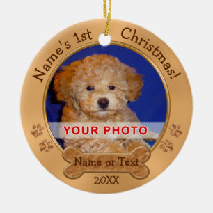 Ornement Rond En Céramique Le premier Noël du chiot ornemente 2 PHOTOS, TEXTE