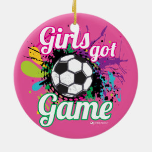 ORNEMENT ROND EN CÉRAMIQUE LES FILLES ONT OBTENU L'ORNEMENT DU FOOTBALL DE