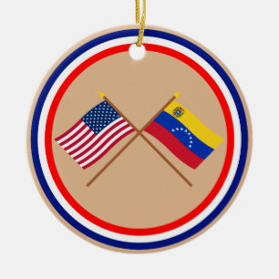Ornement Rond En Céramique Les USA et drapeaux croisés par Venezuela