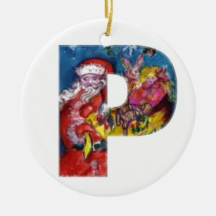 ORNEMENT ROND EN CÉRAMIQUE LETTRE P DE NOËL / PÈRE NOËL AVEC CADEAUX MONOGRAM