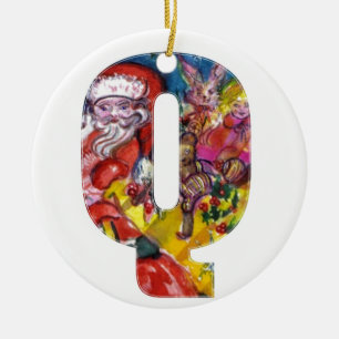 ORNEMENT ROND EN CÉRAMIQUE LETTRE Q DE NOËL / PÈRE NOËL AVEC CADEAUX MONOGRAM