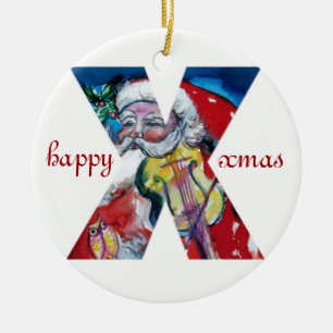 ORNEMENT ROND EN CÉRAMIQUE LETTRE X XMAS /SANTA CLAUS AVEC MONOGRAM VIOLON