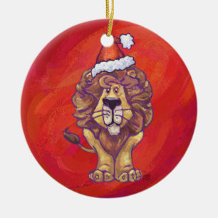 Ornement Rond En Céramique Lion de Noël sur fond rouge