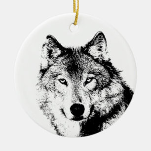 Ornement Rond En Céramique Loup noir et blanc