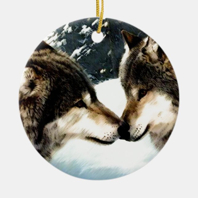 Ornement Rond En Céramique Loups Loup Neige hiver Neige Couple Amour (Devant)