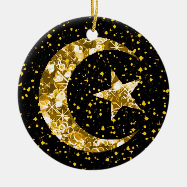 Ornement Rond En Céramique Lune et étoile d'or brillant (Devant)