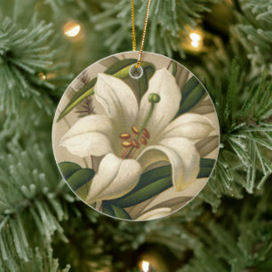 Ornement Rond En Céramique Lys de Pâques vintages, Fleurs victoriennes en fle