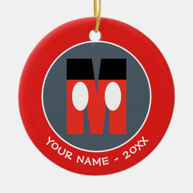 Ornement Rond En Céramique M est pour Mickey | Ajouter Votre Nom (Devant)