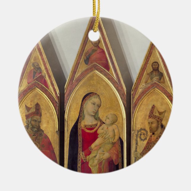 Ornement Rond En Céramique Madonna et enfant avec des solides solubles. (Devant)