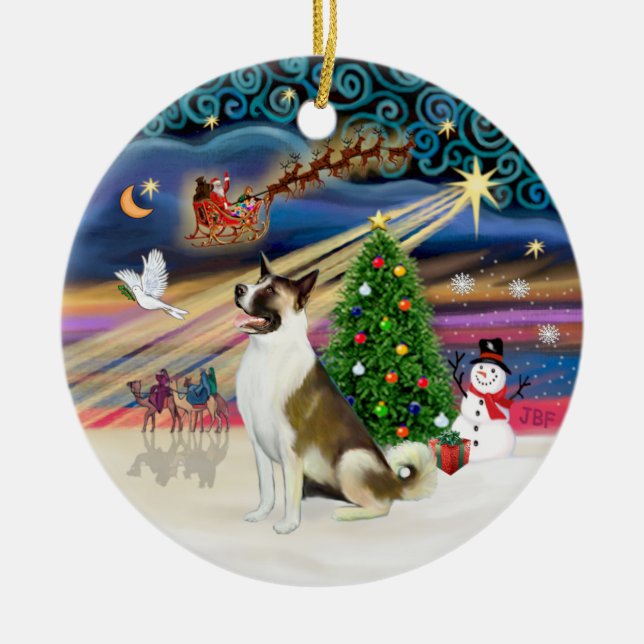 Ornement Rond En Céramique Magie de Noël - Akita (blanc-brun) (Devant)