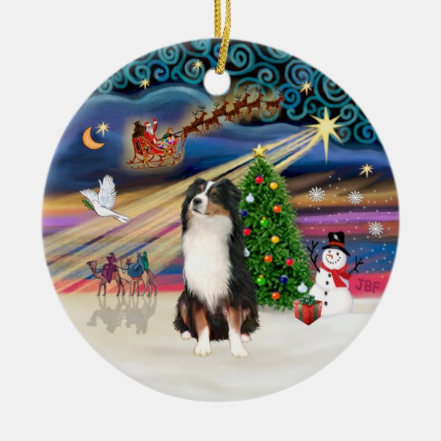 Ornement Rond En Céramique Magie de Noël - Berger australien (tri) (Devant)