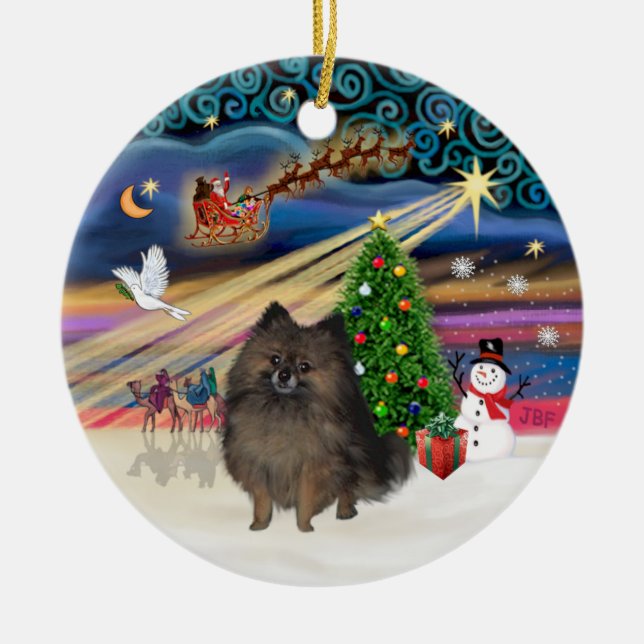Ornement Rond En Céramique Magie de Noël - Brindle Pomeranian (Devant)