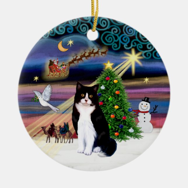 Ornement Rond En Céramique Magie de Noël - chat noir et blanc (Devant)