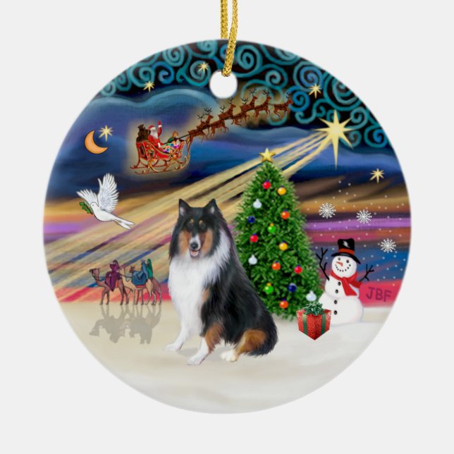 Ornement Rond En Céramique Magie de Noël - Collie (tri colir) (Devant)