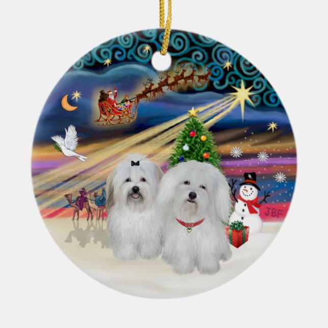 Ornement Rond En Céramique Magie de Noël - Coton de Tulear (DEUX) (Devant)