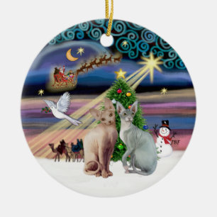Ornement Rond En Céramique Magie de Noël - Deux chats Sphynx