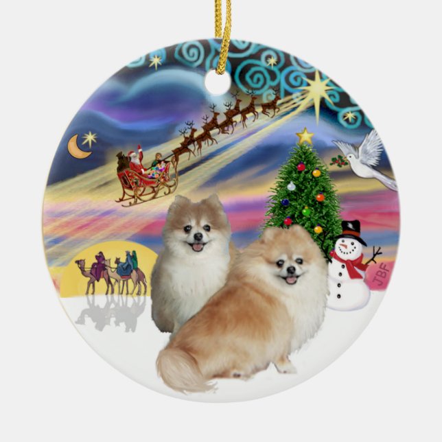 Ornement Rond En Céramique Magie de Noël - Deux Pomeranians (WS + fauve) (Devant)