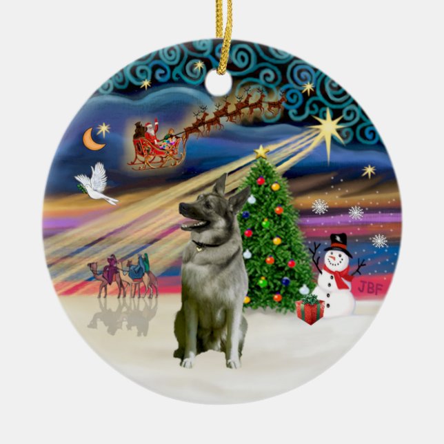 Ornement Rond En Céramique Magie de Noël - Norvégien Elkhound (Devant)