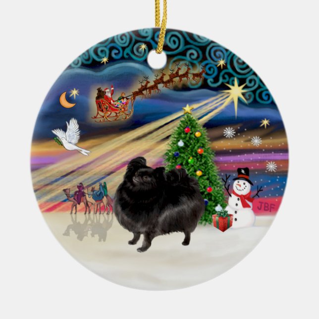 Ornement Rond En Céramique Magie de Noël - Poméranien (stand noir) (Devant)